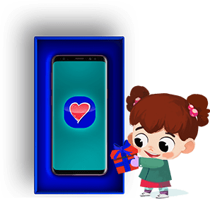 Grafika zawierająca ilustrację przedstawiającą dziewczynkę trzymającą upominek świąteczny, a także zdjęcie telefonu SAMSUNG Galaxy S9.